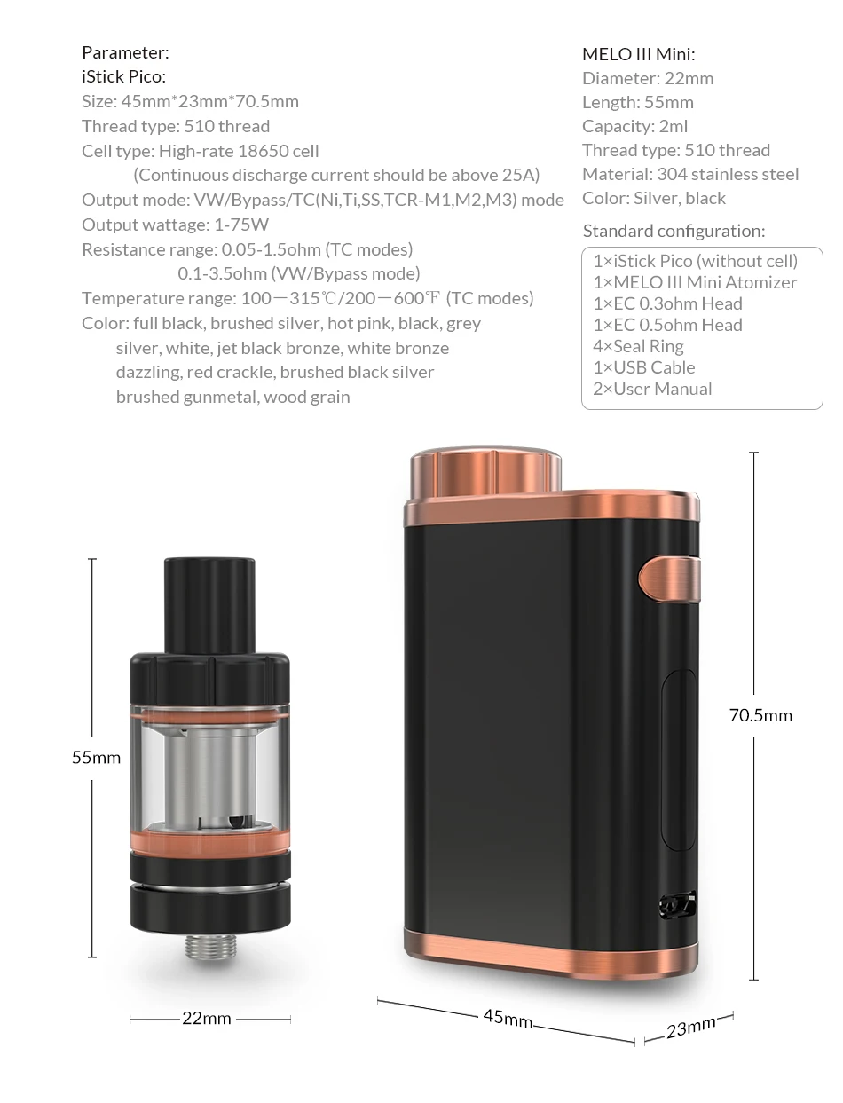 Warehouse Original Eleaf iStick Pico Kit with MELO III Mini Atomizer 1-75W 2ml Or 4ml Melo 3 tank Vape EC Head E-Cigarette