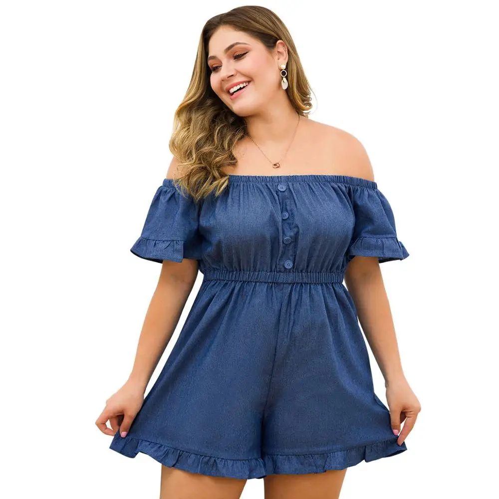 Summer Plus Size 3XL 4XL Backless Playsuits Women Off Shoulder Short Sleeve Loose Pants Ruffles Blue Denim Jumpsuits Ladies
Summer Plus Size 3XL 4XL Backless Playsuits Women Off Shoulder Short Sleeve Loose Pants Ruffles Blue Denim Jumpsuits Ladies