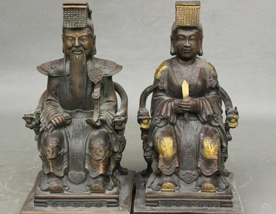12 Chinese Bronze Jade Emperor WangMu God Immortal Sit Dragon Chair Pair Statue