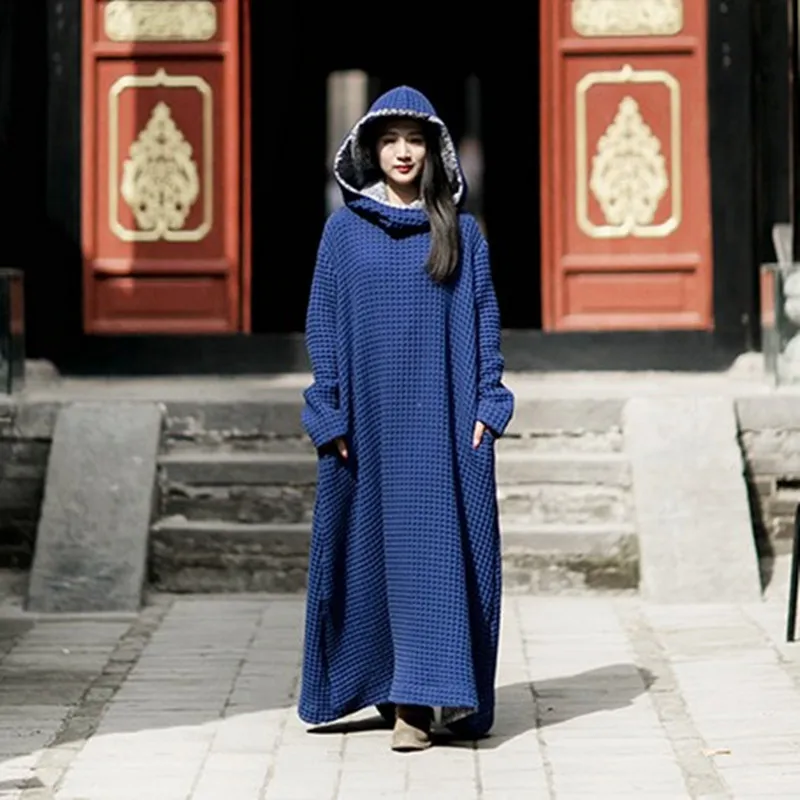 Fluid linen full dress thickening hat long-sleeve loose gown one-piece dress
