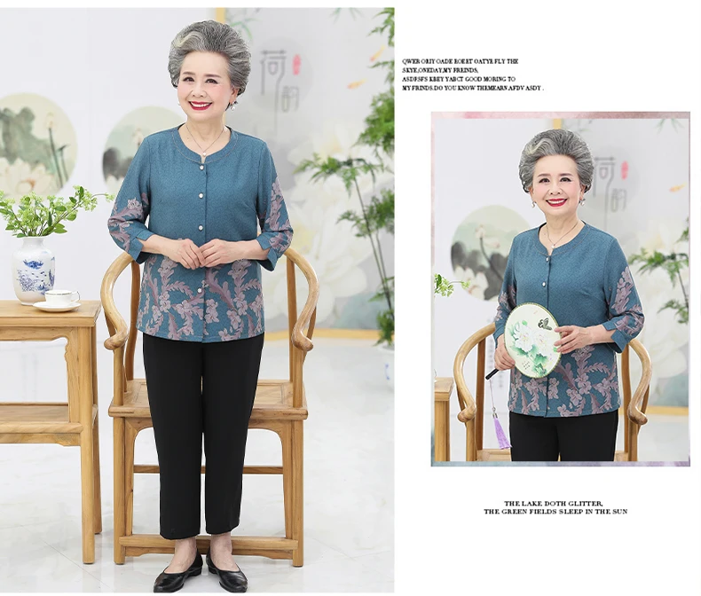 Grandma Mother Shirts Red Blue Green Flower Pattern Print Tops Women Round Collar Three Quarter Sleeve Blouses Button Front Shirt Woman Top (10)