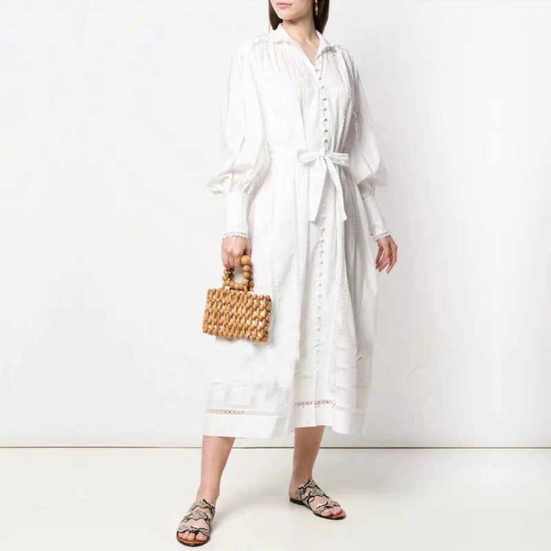 Lace Hollow Out Woman Maxi Dress High Waist Lantern Sleeve Single Breasted Button White Dress with Sashes Fashion 2019 New
Lace Hollow Out Woman Maxi Dress High Waist Lantern Sleeve Single Breasted Button White Dress with Sashes Fashion 2019 New