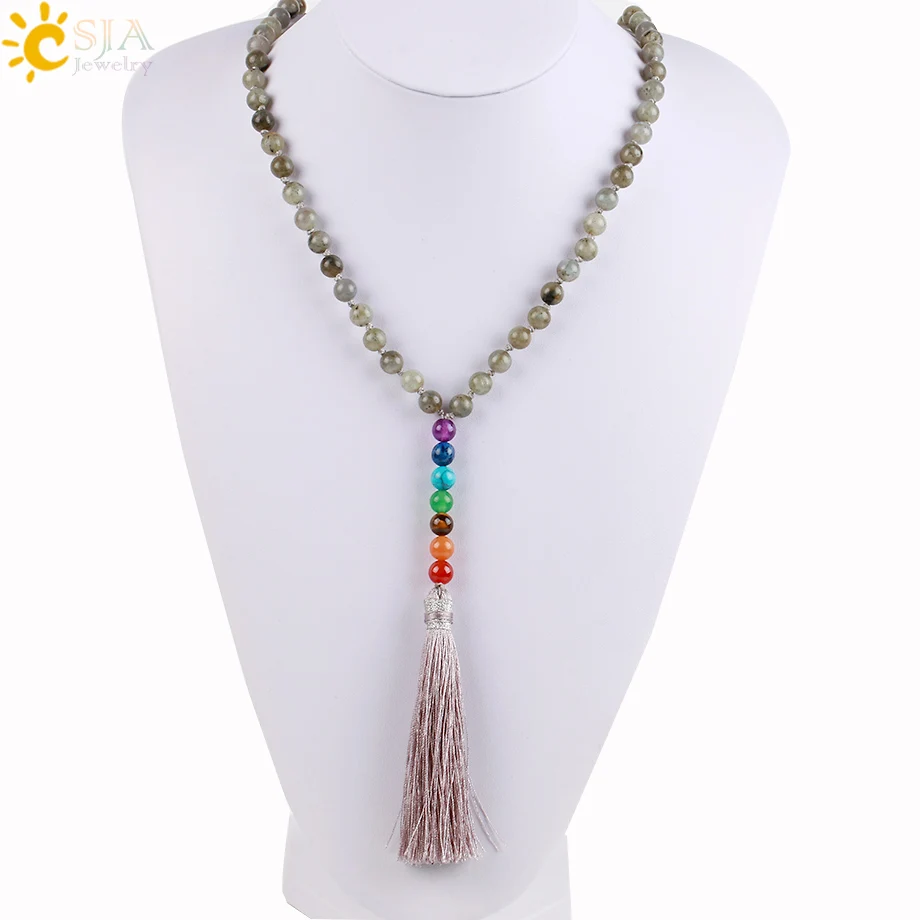 

CSJA 7 Chakra Gem Stone Natural Spectrolite Labradorite Purple Long Necklace Brown Rose Red Silk Tassel Reiki Women Jewelry E495