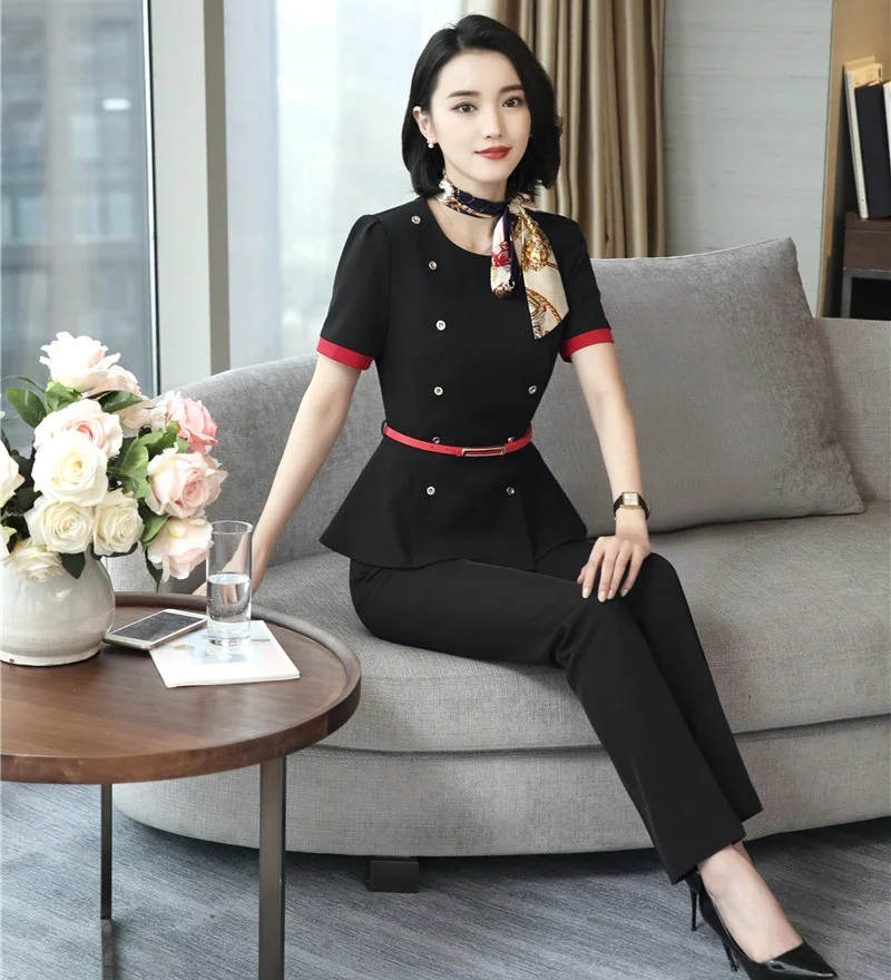 Summer Formal Women Business Suits with Pant and Jacket Set Black Top Ladies Office Uniform Designs with Belt and Scarf
Summer Formal Women Business Suits with Pant and Jacket Set Black Top Ladies Office Uniform Designs with Belt and Scarf