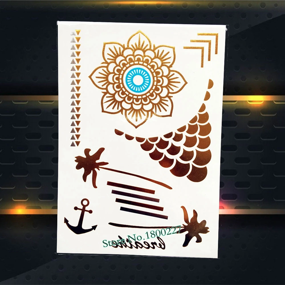 Waterproof Body Art Gold Metallic Tattoo Sunflower Fish Scale Necklace Coconut Tree Design Temporary Tattoo Sticker Anchor PYH42
Waterproof Body Art Gold Metallic Tattoo Sunflower Fish Scale Necklace Coconut Tree Design Temporary Tattoo Sticker Anchor PYH42