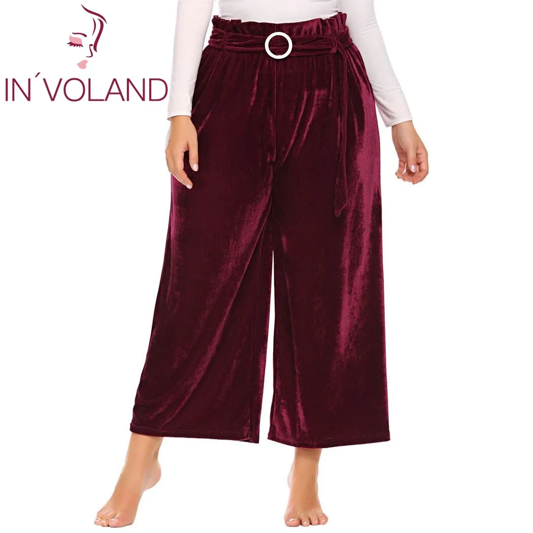 

IN'VOLAND Large Size XL-5XL Women Pant Vintage Style Spring Autumn High Waist Belted Long Culottes Wide Leg Pants Plus Size