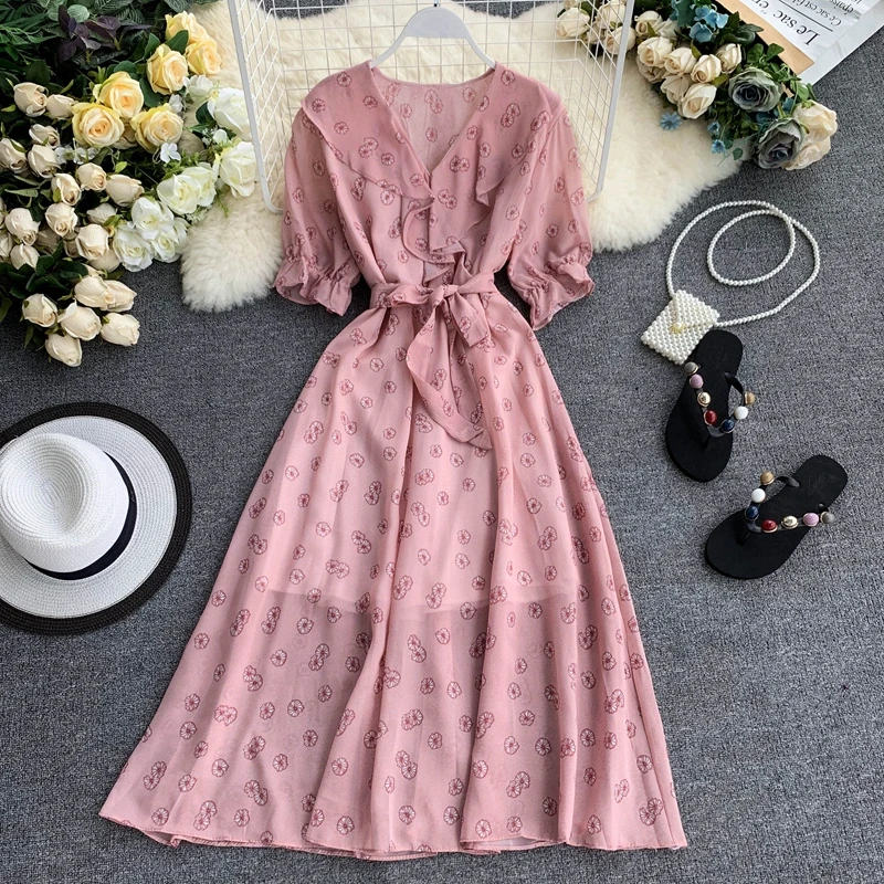 Women 2019 Summer Fashion Dress Ruffles V-neck Sashes Printed Chiffon Fairy Dresses Puff Sleeve Knee-Length Vestidos
Women 2019 Summer Fashion Dress Ruffles V-neck Sashes Printed Chiffon Fairy Dresses Puff Sleeve Knee-Length Vestidos