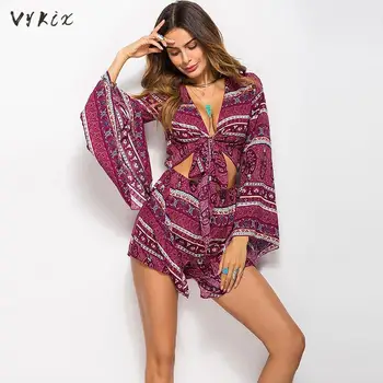 Women Boho Short Playsuit Floral Print Flare Long Sleeve Deep V Neck Summer Beach Rompers Bohemian Cut Overalls Elegant Jumpsuit
Women Boho Short Playsuit Floral Print Flare Long Sleeve Deep V Neck Summer Beach Rompers Bohemian Cut Overalls Elegant Jumpsuit