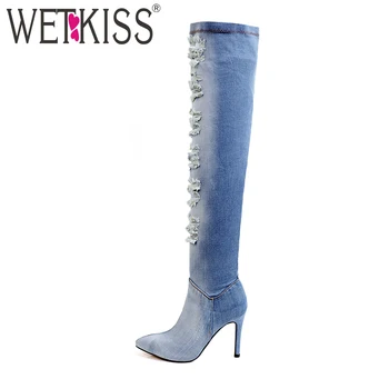 WETKISS 2018 Sexy Ladies Denim Over the Knee Boots High Heels Pointed toe Ripped Hole Jeans Shoes for Women Thigh High Footwear
WETKISS 2018 Sexy Ladies Denim Over the Knee Boots High Heels Pointed toe Ripped Hole Jeans Shoes for Women Thigh High Footwear