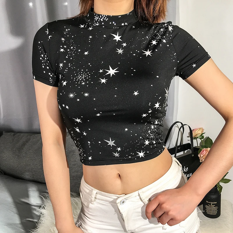 Rockmore Black Starry Sky Round Neck Women T-Shirt Back Hollow Leaking Navel Tight Shirts Short Sleeve Casual Female Tops
Rockmore Black Starry Sky Round Neck Women T-Shirt Back Hollow Leaking Navel Tight Shirts Short Sleeve Casual Female Tops