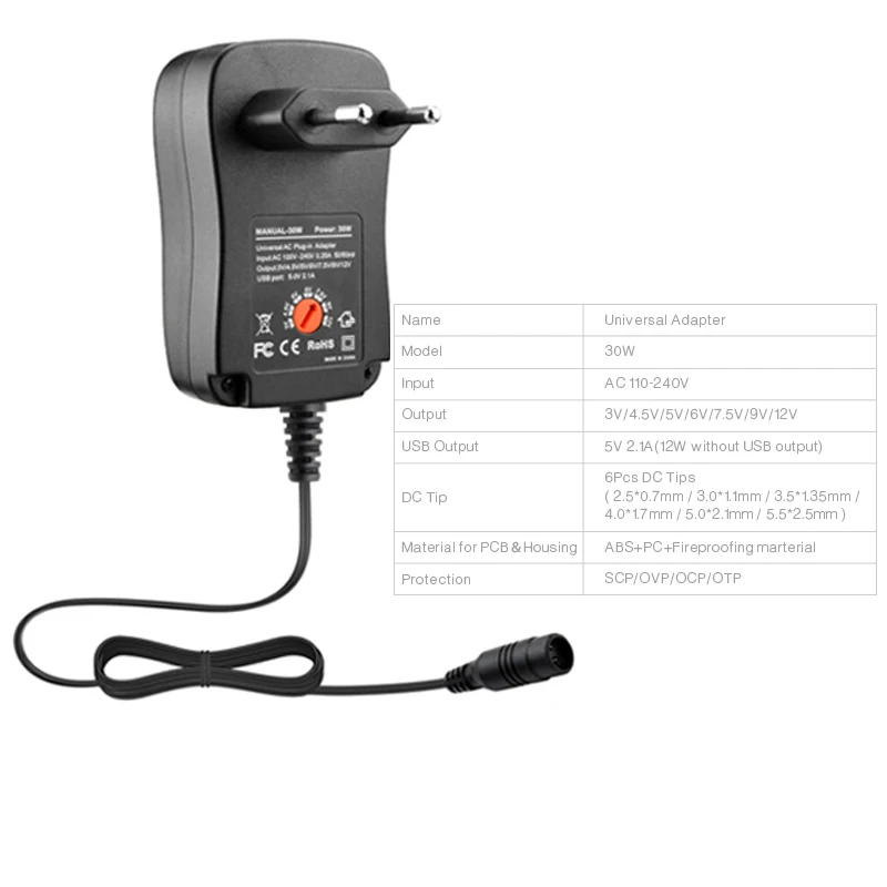 Universal 30W Power Adapter 3V 4.5V 5V 6V 7.5V 9V 12V AC/DC Charger Converter + 5V 2.1A USB Port With 6pcs DC Tips EU/US/UK Plug
Universal 30W Power Adapter 3V 4.5V 5V 6V 7.5V 9V 12V AC/DC Charger Converter + 5V 2.1A USB Port With 6pcs DC Tips EU/US/UK Plug