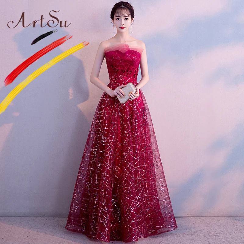 

ArtSu Sexy Bustier Strapless Tutu Dress Sequin Mesh Ball Gown Women Floral Embroidery Maxi Party Dress Bandage Robe de Soiree