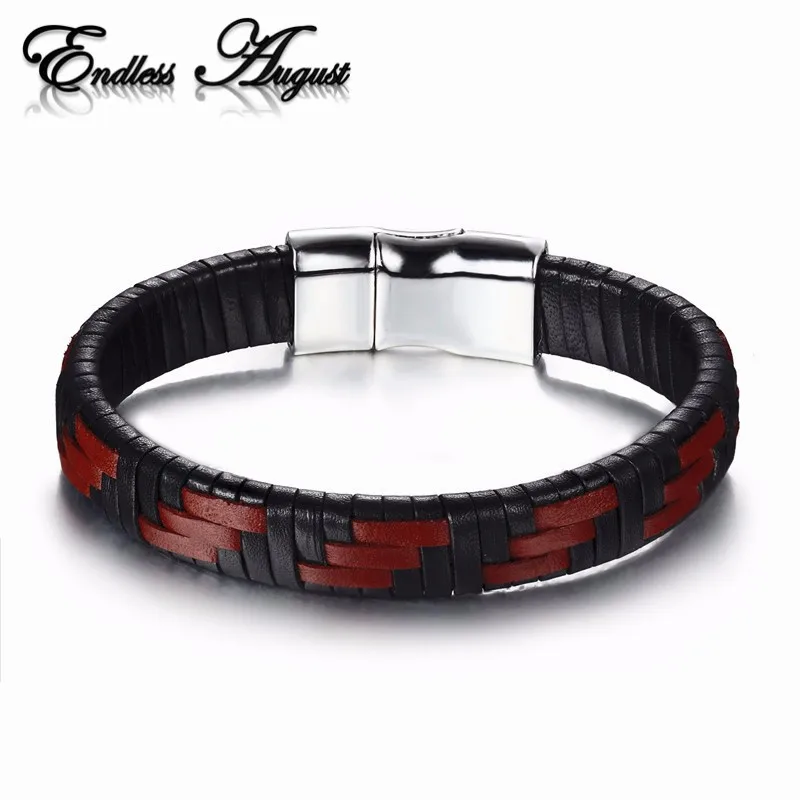 Image 2016 New arrival Trendy Jewelry Men Bracelet Black braid Leather Stainless Steel Bracelets Accessories pulseira de couro