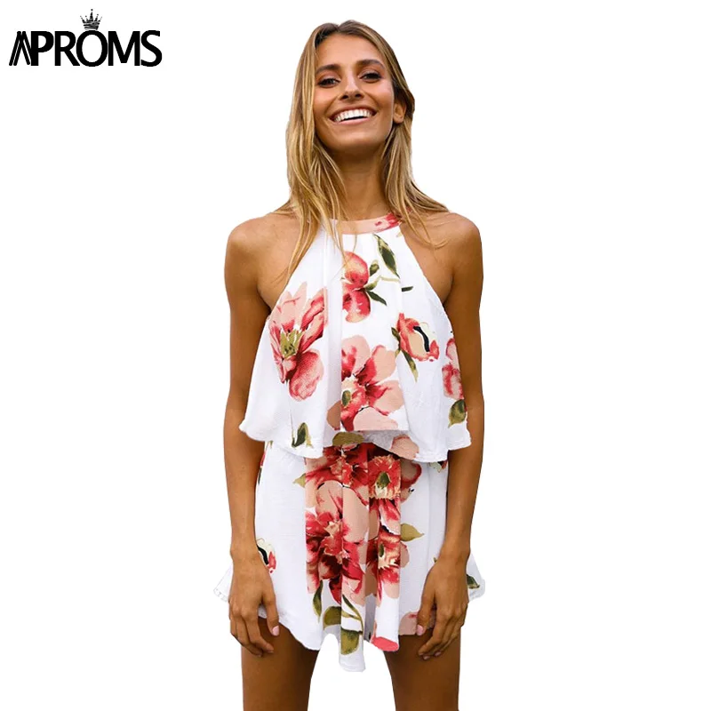

Aproms Elegant Summer Boho Flower Print Chiffon Romper Women Jumpsuit Casual Sleeveless Short Playsuit Beach 2 Piece Set Overall