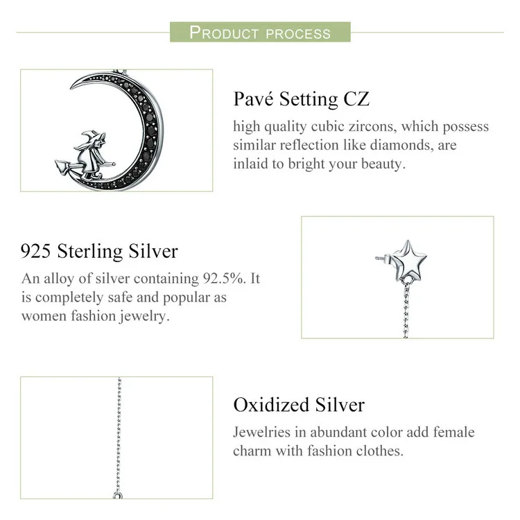 Moon Witch Dangle Earrings 10 Moon Witch Dangle Earrings - Inspired by the magic witch in the fairy tales, the ornament is very cute and delicate. The Moon Witch Dangle Earrings feature ear buckets in the shape of stars with long chains that link to exquisite crescent moon elements with little witches on them. The long earrings design modifies the contour of the face. Perfect gift for Halloween and witch lovers. | 🚚 Free Standard Shipping 7-30 days | 🥇 Top Quality Product | 💎 100% S925 Sterling Silver | 🛡️ 100% Safe & Secure checkout