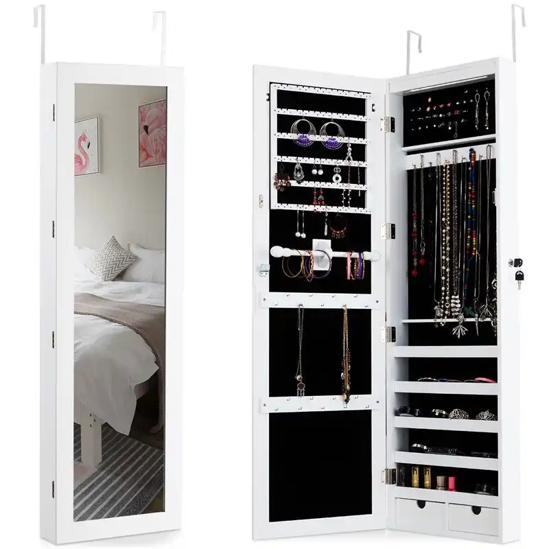 Door Mounted Lockable Mirrored Jewelry Cabinet With Led Lights