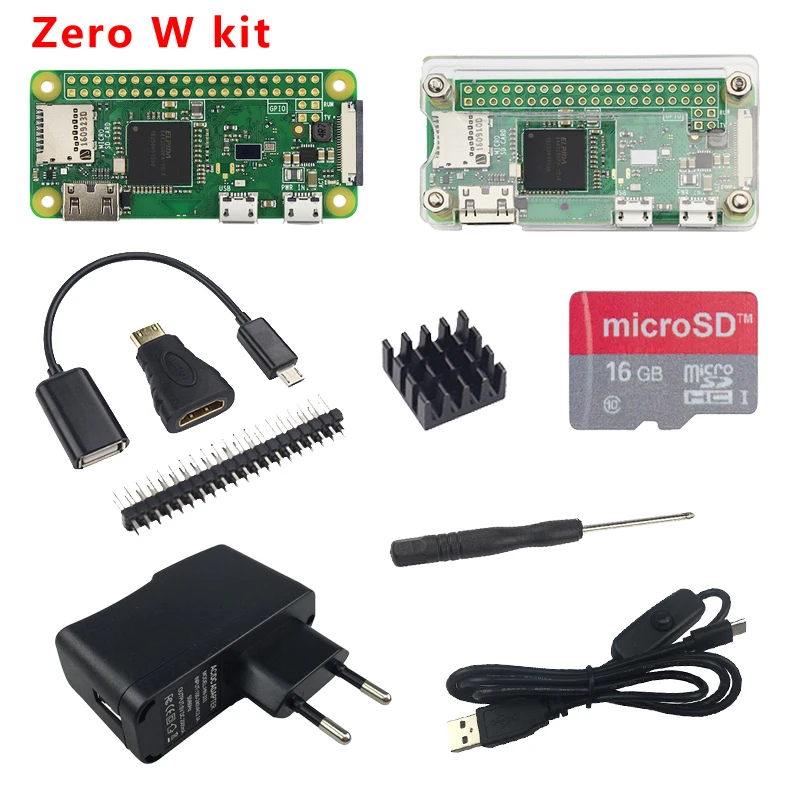 Raspberry Pi Zero W Starter kit с поддержкой Wi-Fi и Bluetooth + акриловый чехол теплоотвод