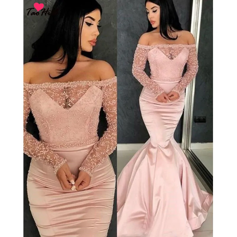 TaoHill Customized Pink Mermaid Evening Dresses 2019 Off Shoulder Long Sleeves Pearls Elegant Formal Party Gowns
TaoHill Customized Pink Mermaid Evening Dresses 2019 Off Shoulder Long Sleeves Pearls Elegant Formal Party Gowns