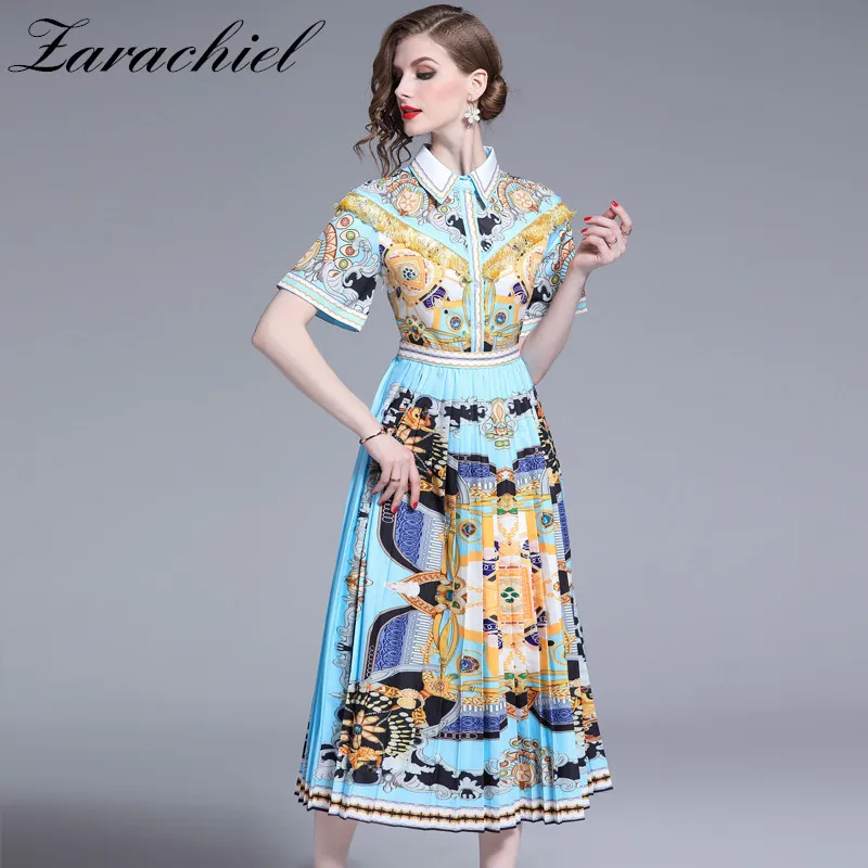 Fashion Designer Runway Tassel Dress 2019 Summer Long Dress Women Turn Dowm Collar Short Sleeve Vintage Printed Pleated Dress
Fashion Designer Runway Tassel Dress 2019 Summer Long Dress Women Turn Dowm Collar Short Sleeve Vintage Printed Pleated Dress