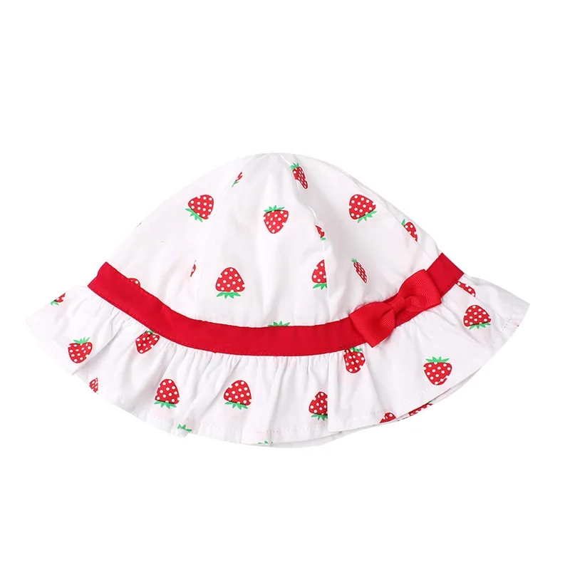 Bow Girls Panama Hat Stawberry Print Cute Hat For Girls Cotton Sweet Summer Sun Cap Wide Brim Bucket Cap Baby Girls Clothing (4)