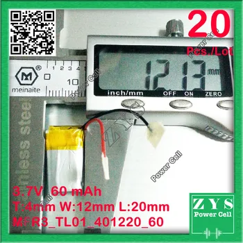 20 pcs./Lot 3.7V lithium polymer battery 041220 401220 60mah MP3 MP4 MP5 Bluetooth headset Size:4x12x20mm
20 pcs./Lot 3.7V lithium polymer battery 041220 401220 60mah MP3 MP4 MP5 Bluetooth headset Size:4x12x20mm