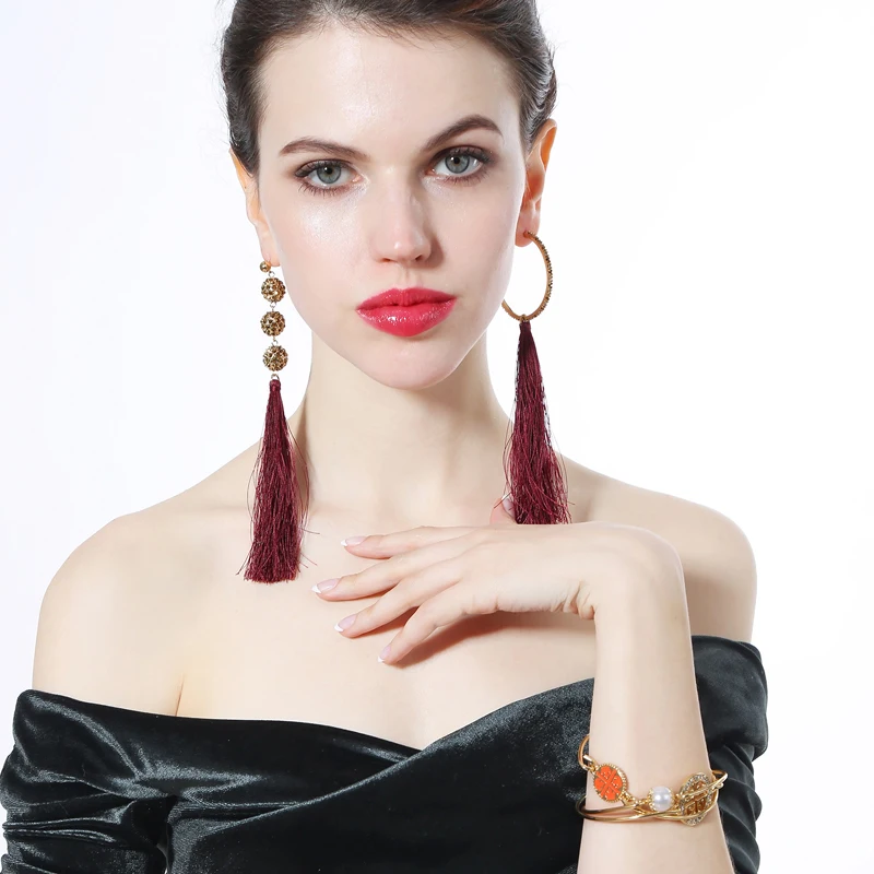 2018 Popular 2 Color Red&Blue Tassel Cotton Thread Crystal Ethnic Earrings Handmade Asymmetric Bohemian Jewelry | Украшения и
