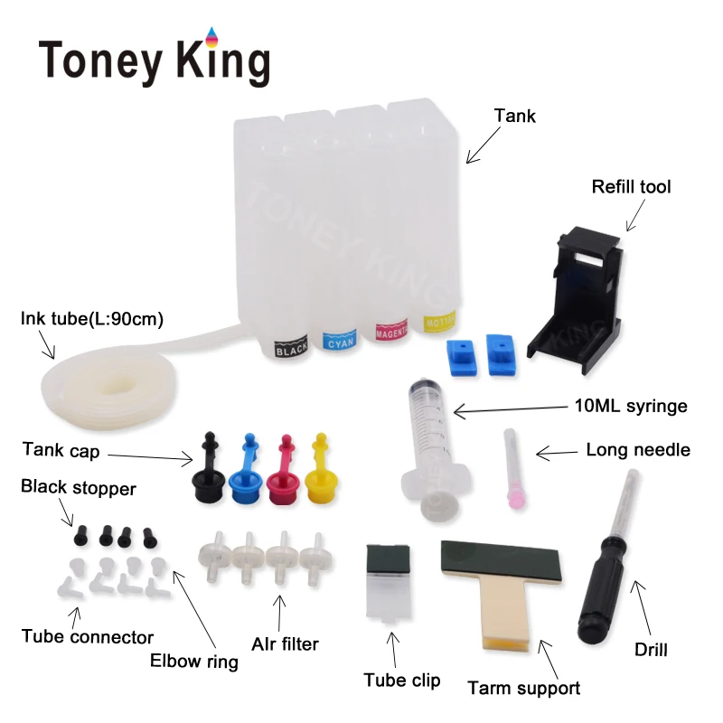 

Toney King 4 Color Universal Ciss Continuous Ink Supply System For HP 301 XL Ink Cartridge Deskjet 1000 1050 2050 3000 Printer