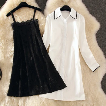 2019 Spring Summer Dress Suit Women White Long Shirts + Hollow Out Lace Sexy Sling Dress Vesitdos Ladies Party Dress 2 Piece Set
2019 Spring Summer Dress Suit Women White Long Shirts + Hollow Out Lace Sexy Sling Dress Vesitdos Ladies Party Dress 2 Piece Set