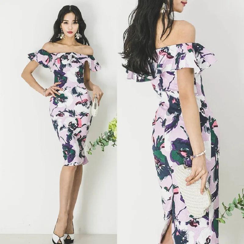 Women's summer new Bohemian style temperament with Elegant flower print One word collar package hip knee-length dress 
Women's summer new Bohemian style temperament with Elegant flower print One word collar package hip knee-length dress