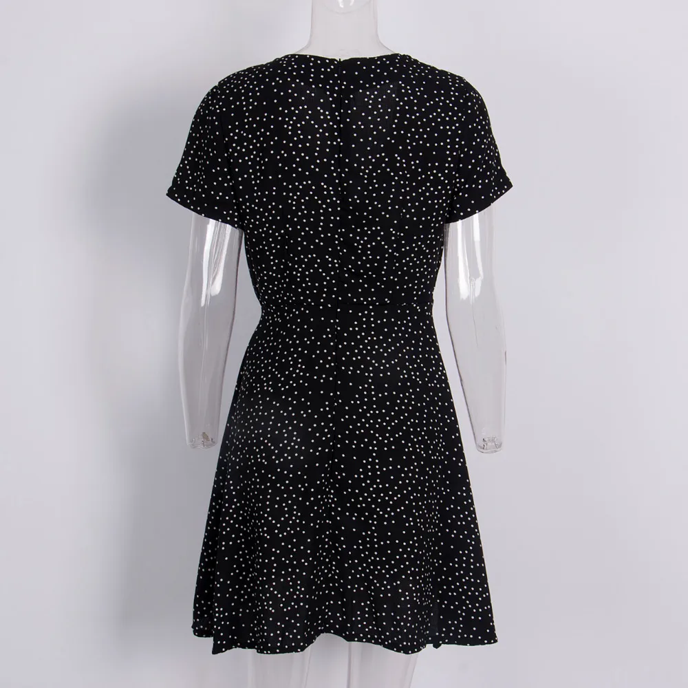 black Polka Dot Chiffon Dress With Deep Ruffle Neck
