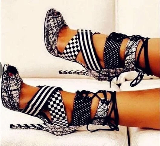 Summer New Designer Black White Peep Toe Geometric Ankle Bootie High Heel Lace-up Women Party Dress Gladiator Fashion Sandals
Summer New Designer Black White Peep Toe Geometric Ankle Bootie High Heel Lace-up Women Party Dress Gladiator Fashion Sandals