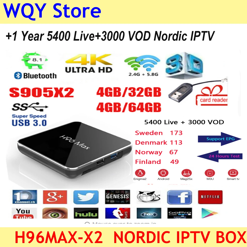 2019 NEW ARRIVAL H96 Max X2 S905X2 in stock Quad Core tv box Android 8.1 2.4G 5G WiFi USB3.0 with 5400+Channels Nordic IPTV
2019 NEW ARRIVAL H96 Max X2 S905X2 in stock Quad Core tv box Android 8.1 2.4G 5G WiFi USB3.0 with 5400+Channels Nordic IPTV