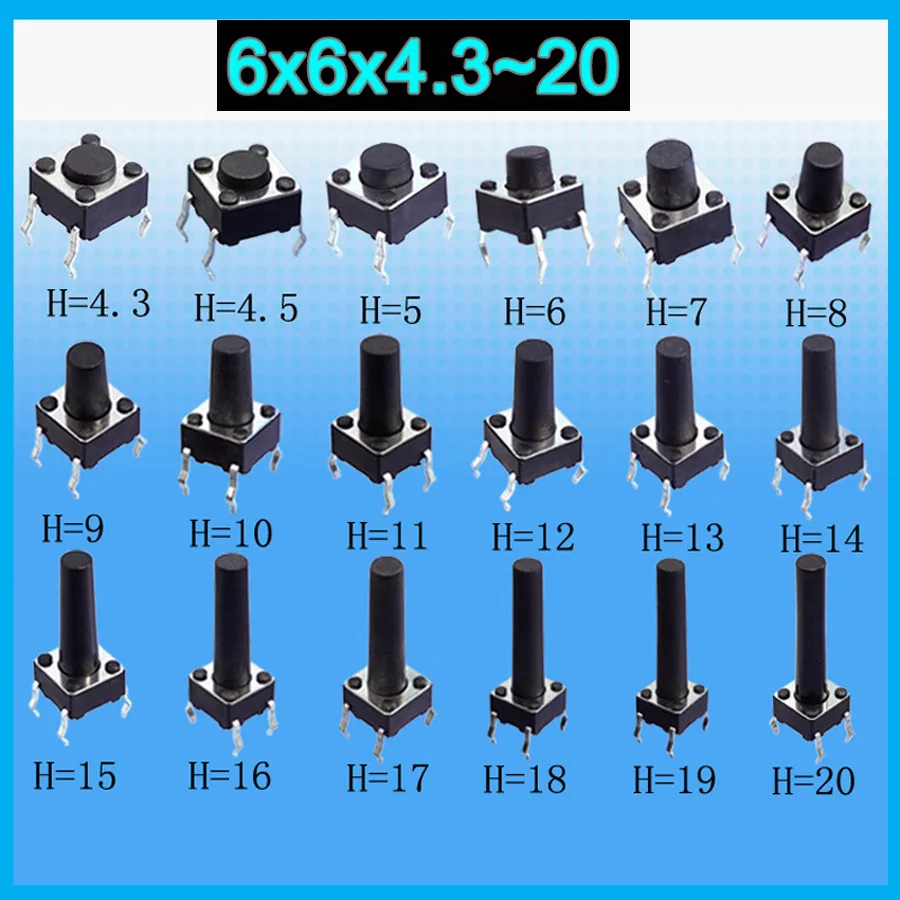 18valuesx10pcs=180pcs Tact Switch Kit 6*6*4.3~20mm DIP Tactile Push Button Switches 6x6 mm Micro Switch
18valuesx10pcs=180pcs Tact Switch Kit 6*6*4.3~20mm DIP Tactile Push Button Switches 6x6 mm Micro Switch