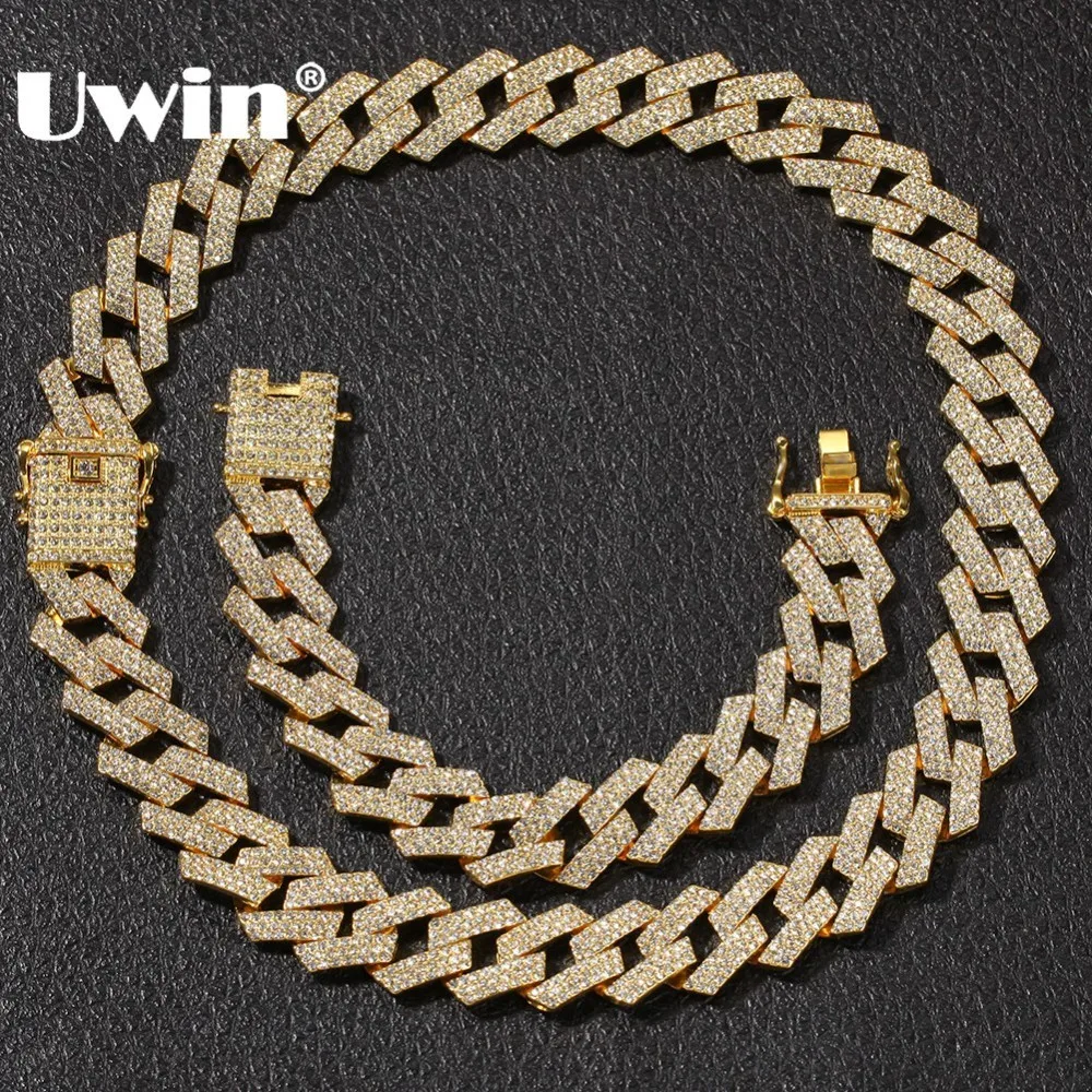

UWIN NE+BA 20mm Miami Prong Cuban Chain 3 Row Gold Color Full Iced Out Rhinestones Necklace & Bracelet Mens Hiphop Jewelry Set