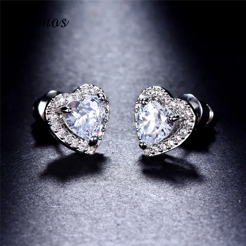 Bamos Small Love Heart Stud Earrings Crystal Rhinestone Earring For Women White Gold Filled Wedding Jewelry Accessories | Украшения и