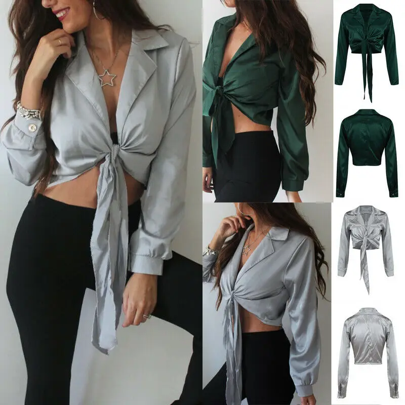 Elegant Women's Satin Silk Tie Knot Front Long Sleeve V-Neck Crop Tops Blouse Shirt Sexy Tops
Elegant Women's Satin Silk Tie Knot Front Long Sleeve V-Neck Crop Tops Blouse Shirt Sexy Tops