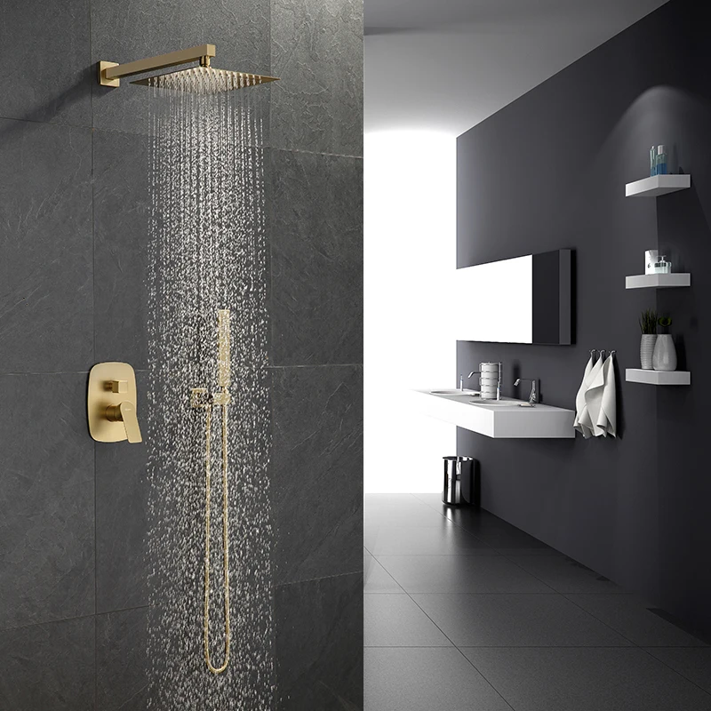 Фото Brushed Gold All brass Bathroom Shower Set 8 Inch Rainfall Head Faucet Wall Mounted Arm Mixer Diverter  Обустройство | Смесители для душа (32948230463)