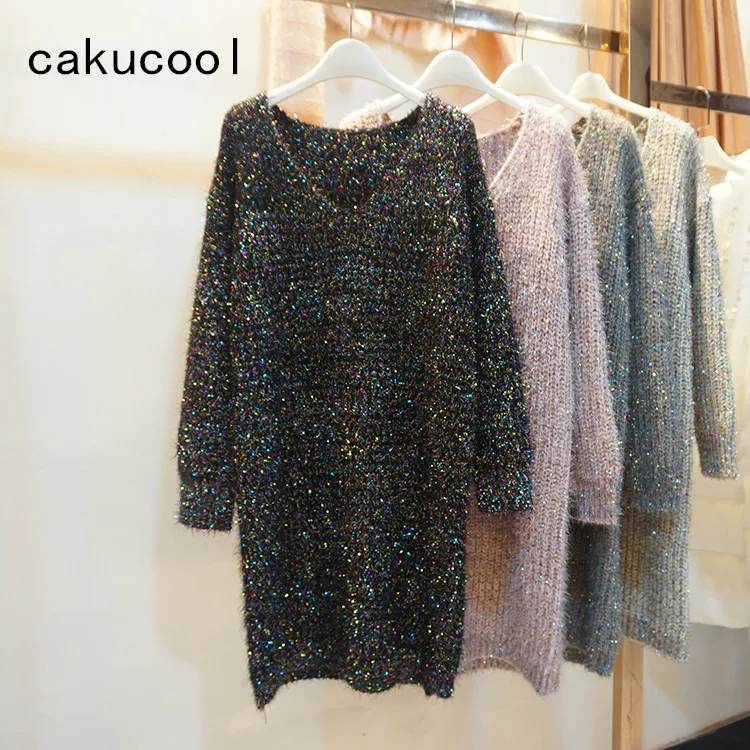 Женский Длинный свитер с блестками Cakucool вязаный пуловер золотым люрексом и