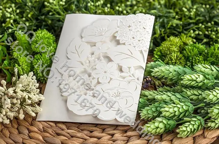 Image 350Pcs lot wholesaleWhite Flower Laser Cut Wedding Invitations Simple Wedding Invitation Card For Valentine S Day Party Birthday