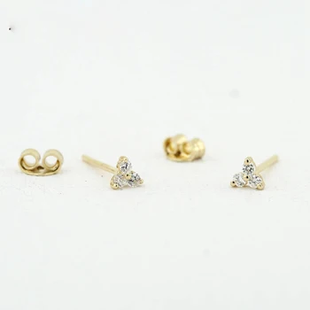 

100% Real Tiny Simple Three Stone Diamond Cluster Earrings Round Cut Diamond Earring in 14k Yellow Gold Push Backs For Women