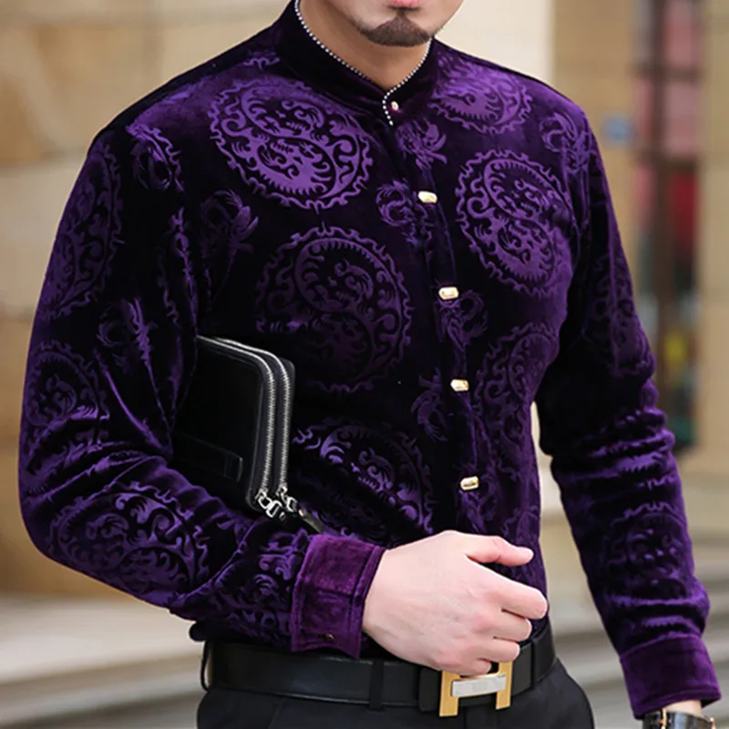 Мужская рубашка с длинным рукавом принтом дракона|velvet men shirt|fashion man shirtmen fashion shirt |