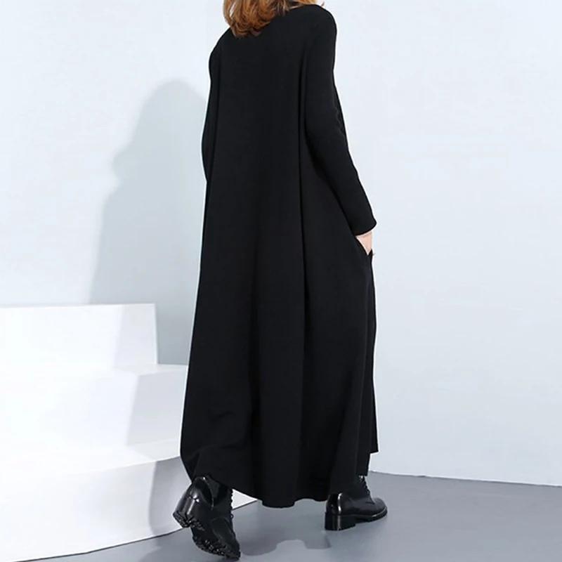 Surdimensionné L-5XL Femmes Tricoté Hiver Robes Chaudes og Manches Longues Col Haut Poches Latérales Longues Robe Solide Spørgsmål Plus La Waist Vestidos