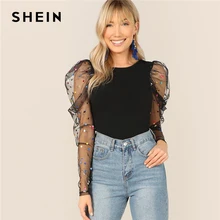 SHEIN noir coloré point bouffée épaule maille Gigot manches maigre t-shirt col rond femmes printemps mince coupe fête Club t-shirt hauts(China)
