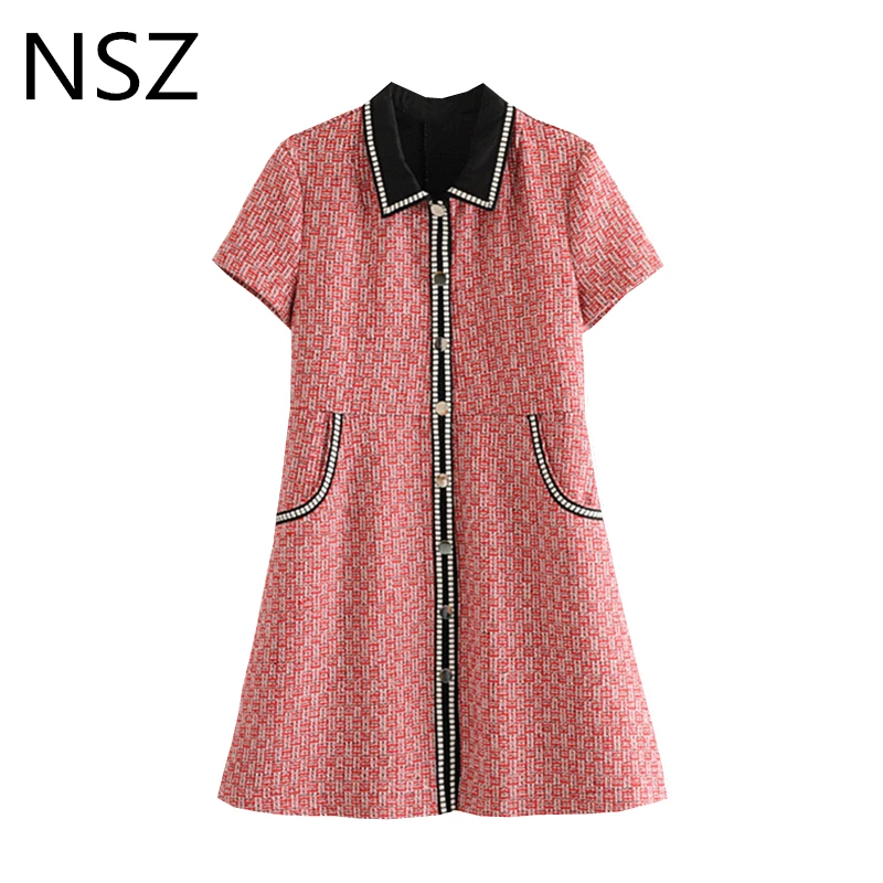 NSZ Women Houndstooth Tweed Dress Short Sleeve Elegant Contrasting colors Plaid A-Line Mini Dress Autumn Vestido
NSZ Women Houndstooth Tweed Dress Short Sleeve Elegant Contrasting colors Plaid A-Line Mini Dress Autumn Vestido