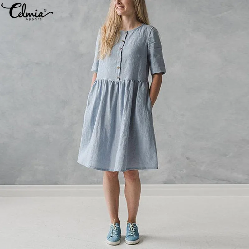 2019 Celmia Women Vintage Cotton Dresses Top Button Pockets Solid Casual Party Vestidos Plus Size Short Sleeve Summer Dress
2019 Celmia Women Vintage Cotton Dresses Top Button Pockets Solid Casual Party Vestidos Plus Size Short Sleeve Summer Dress