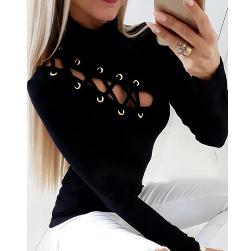 Women Sexy Lace-Up Eyelet Hollow Out T-Shirt Ladies Hugh Neck Casual Long Sleeve Slim Fit Solid Tops 2019
Women Sexy Lace-Up Eyelet Hollow Out T-Shirt Ladies Hugh Neck Casual Long Sleeve Slim Fit Solid Tops 2019