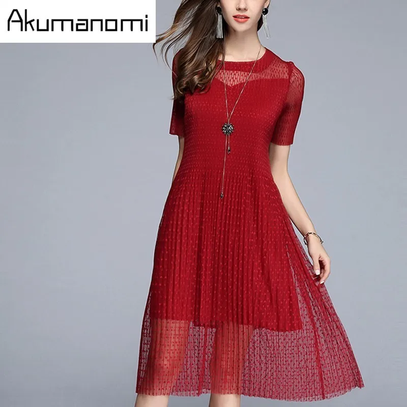 Dress pleated super elastic plus-size black white a-line women's summer dress