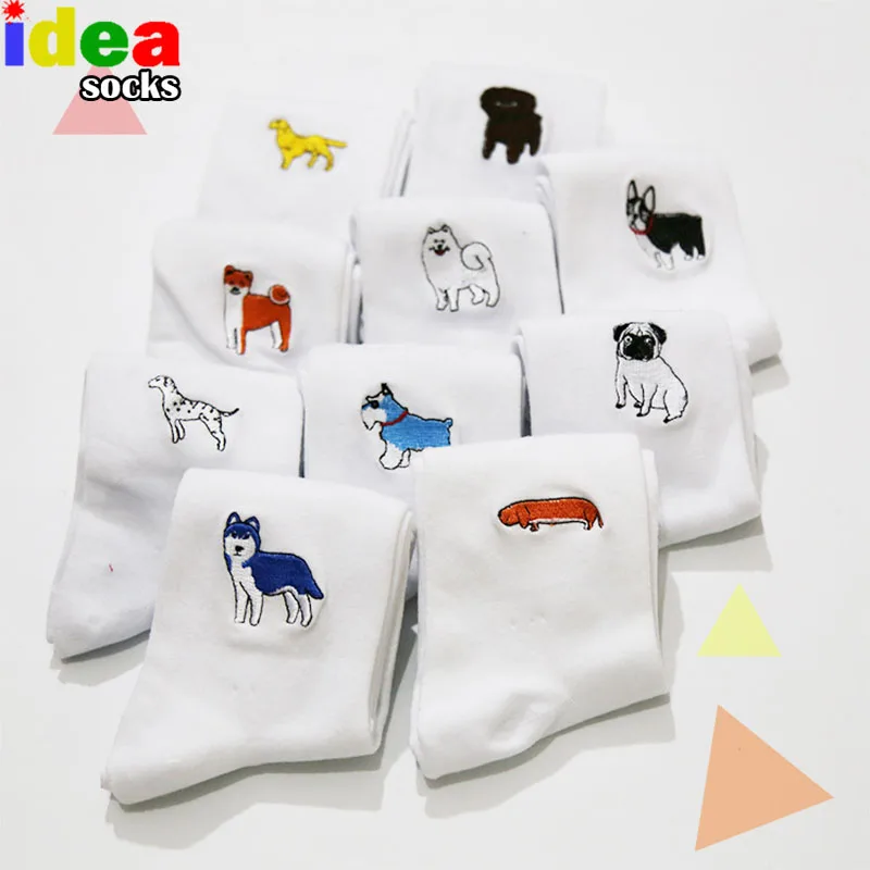 Image cute animal husky embroidery women cotton white socks lovely dog Jacquard female pure color socks funny kawaii pug meias soks