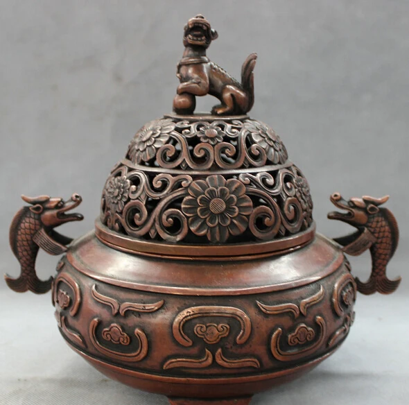 JP S0608 11" Chinese Bronze Lion Dragon Head Fish Statue Box Flower Incense Burner Censer Pair