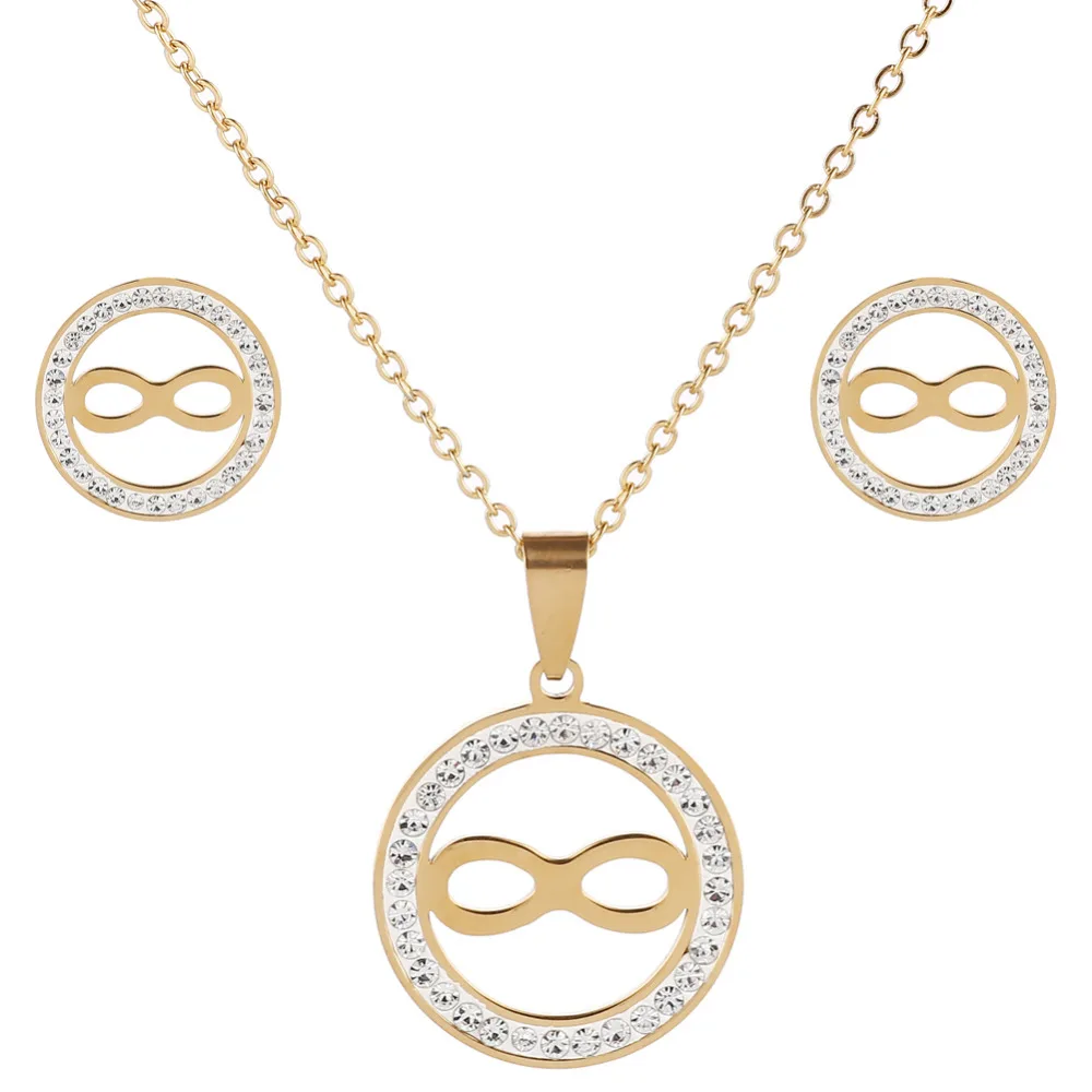 Crystal Infinity Pendant Necklace Earrings Sets Gold/Silver Color Round Stainless Steel Lucky Jewelry Sets Women Best Gifts
Crystal Infinity Pendant Necklace Earrings Sets Gold/Silver Color Round Stainless Steel Lucky Jewelry Sets Women Best Gifts